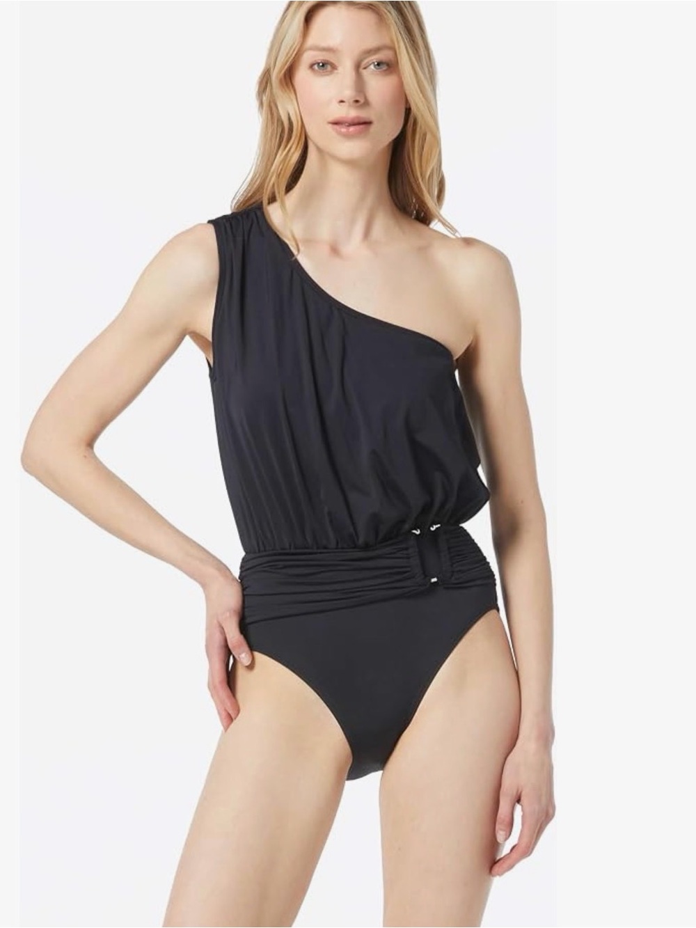 MICHAEL KORS Iconic Solids Sash Logo Trim V-Neck One-Piece, Size 10, NWT